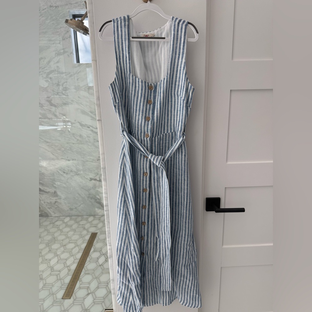 Faherty Blue and White Striped Sleeveless Midi Dress